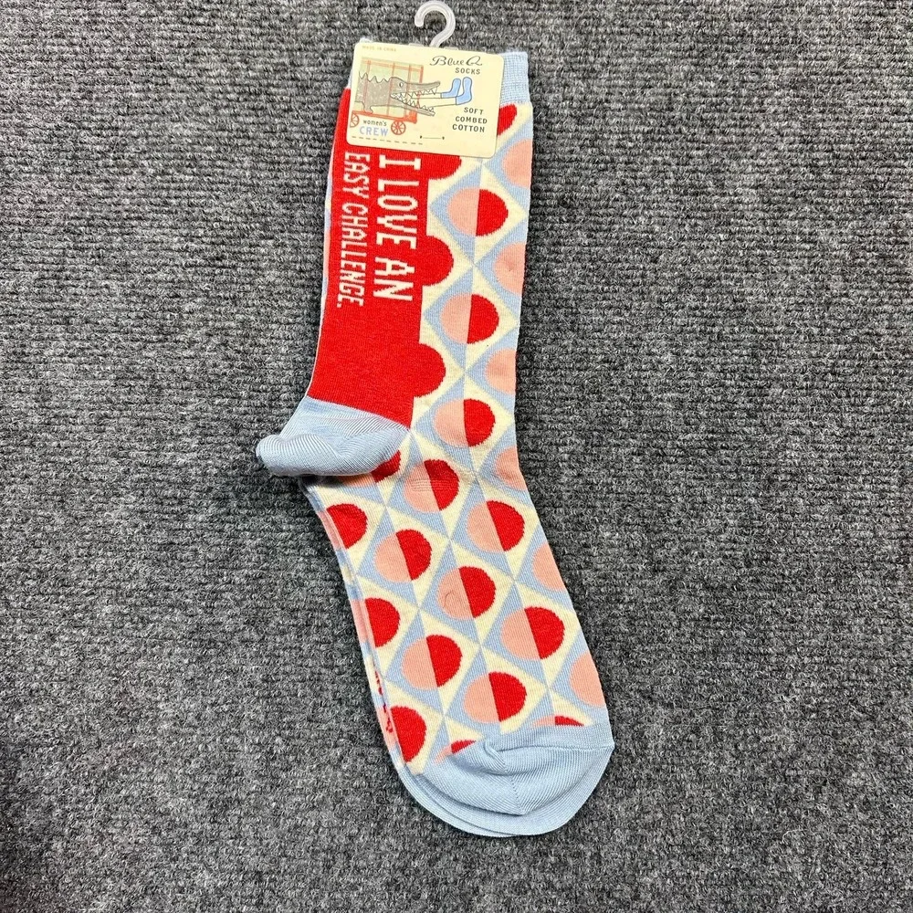 Blue Q Crew Socks I Love An Easy Challenge Sz 5-10 Pink Blue Red Polka Dot Women